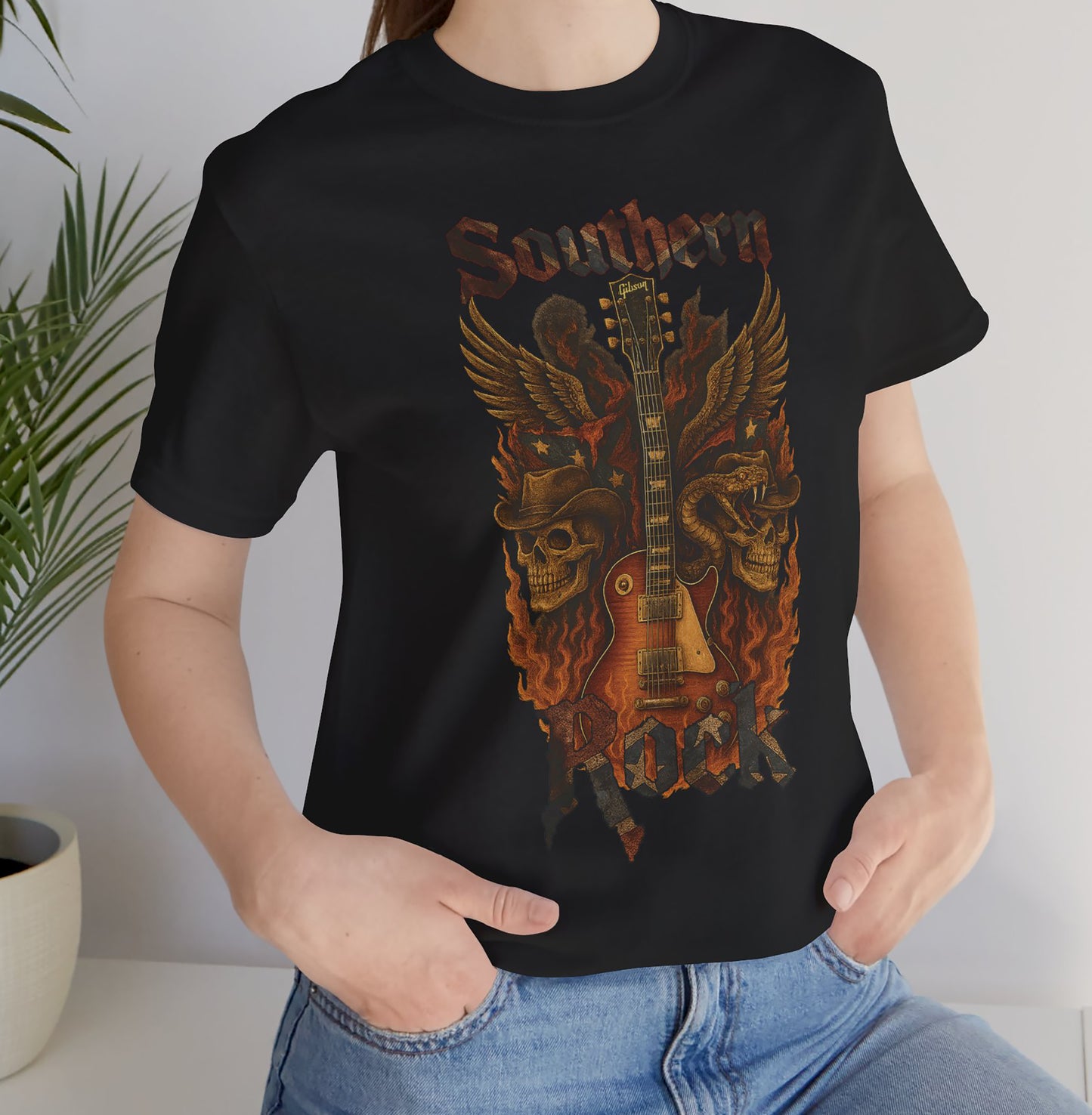 Southern Rock T-Shirt – Guitar & Rebel Flag | Biker Style T-Shirt – Exclusive Edition, Short Sleeve Tee