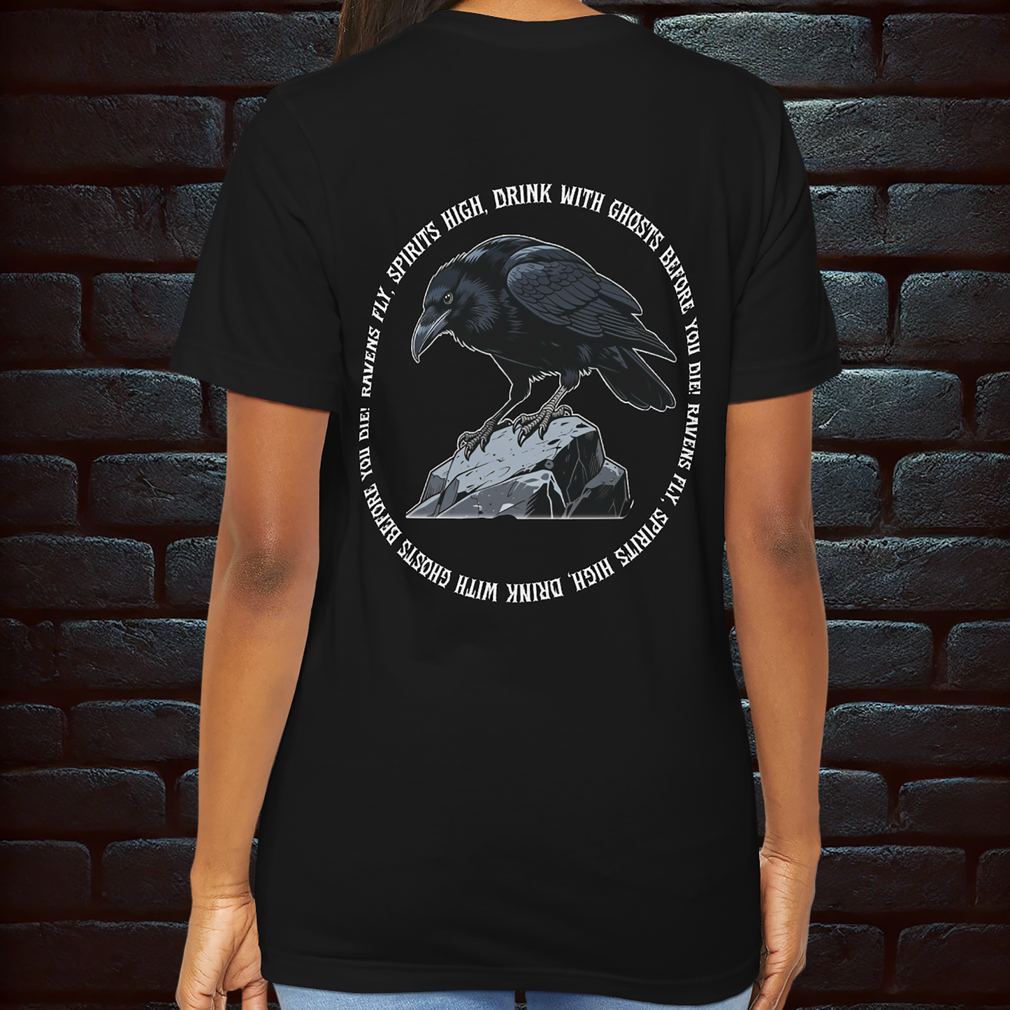 Black Halloween T-shirt Unisex– Halloween Raven & Skeleton Party Design (Front & Back Print) Dark&Fun –Short Sleeve Tee