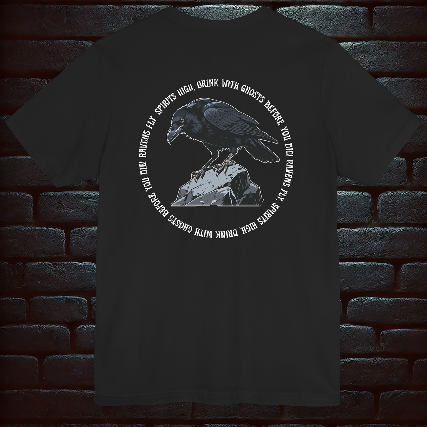 Black Halloween T-shirt Unisex– Halloween Raven & Skeleton Party Design (Front & Back Print) Dark&Fun –Short Sleeve Tee