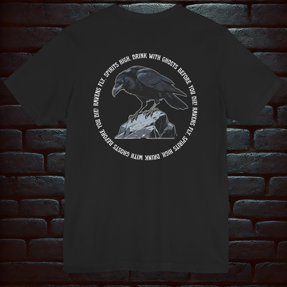 Black Halloween T-shirt Unisex– Halloween Raven & Skeleton Party Design (Front & Back Print) Dark&Fun –Short Sleeve Tee