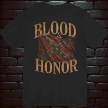 WE PROTECT WHAT IS OURS – Vintage Guns & Stars with BLOOD & HONOR – Confederate Vintage Flag Design on the back, Short Sleeve T- shirt