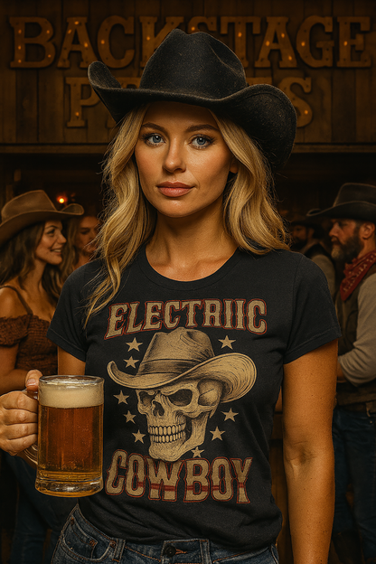 Electric Cowboy Skull – Vintage Western Rock Short Sleeve T- shirt