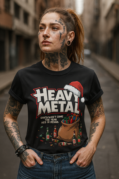 Heavy Metal Christmas T-Shirt – Santa Won’t Come, He’s in Rehab+ Back Print –Short Sleeve Tee