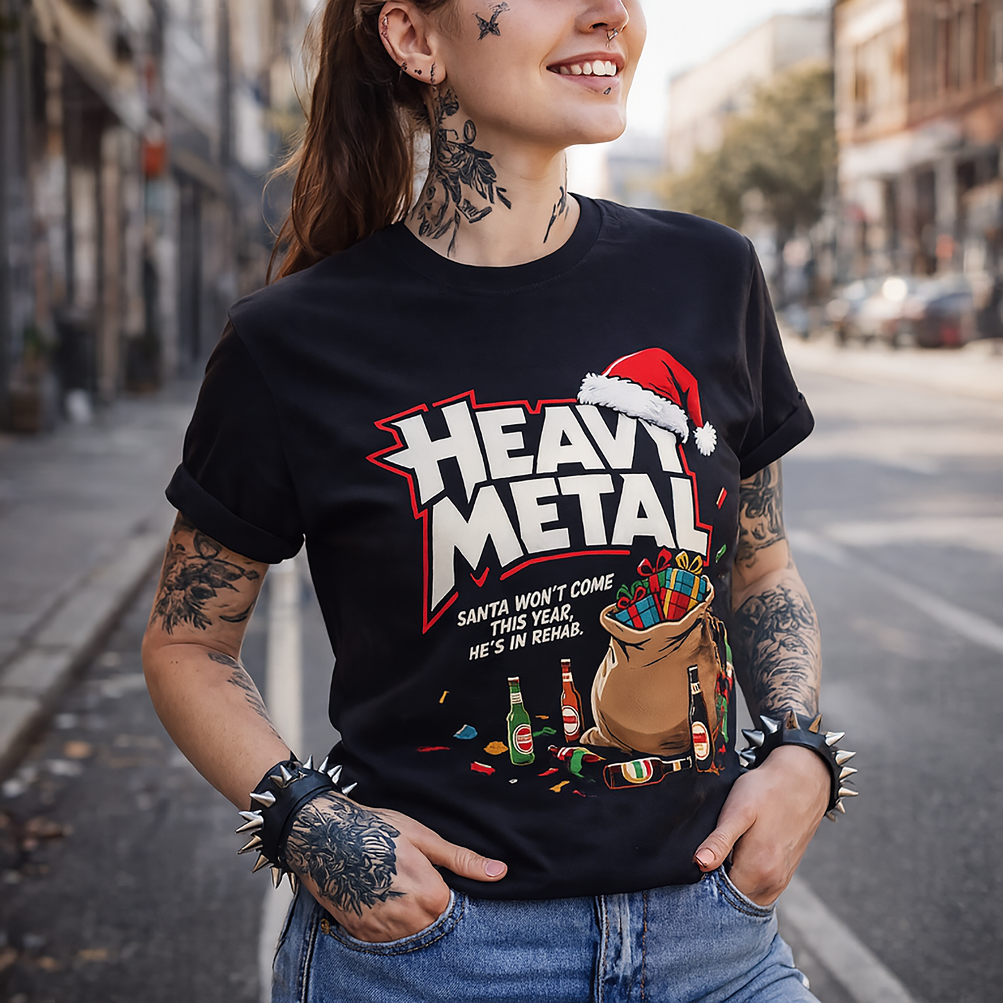 Heavy Metal Christmas T-Shirt – Santa Won’t Come, He’s in Rehab+ Back Print –Short Sleeve Tee