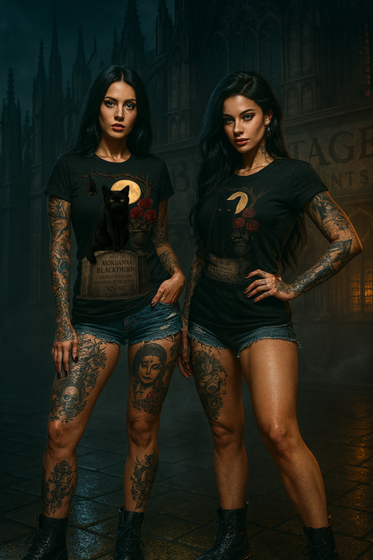 Gothic Halloween Black Cat & Tombstone T-Shirt – Dark Witch Aesthetic Short Sleeve Tee