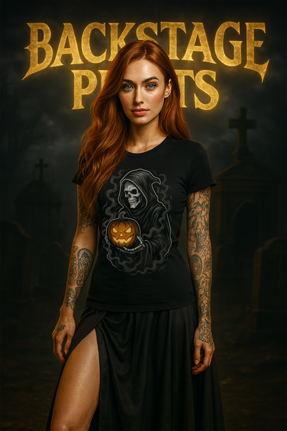 Grim Reaper Pumpkin T-Shirt with Pentagram Back Print – Gothic Halloween Short Sleeve Tee