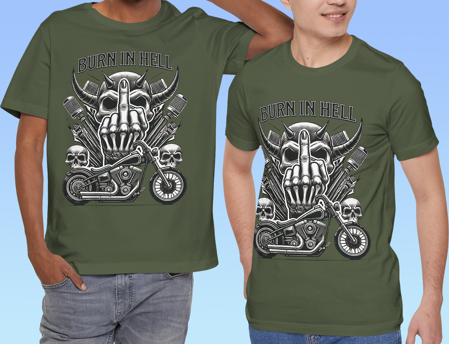 "Burn in Hell" Rock 'n' Roll Biker T shirt, Heavy Metal,  Brutal Unisex Jersey Short Sleeve Tee