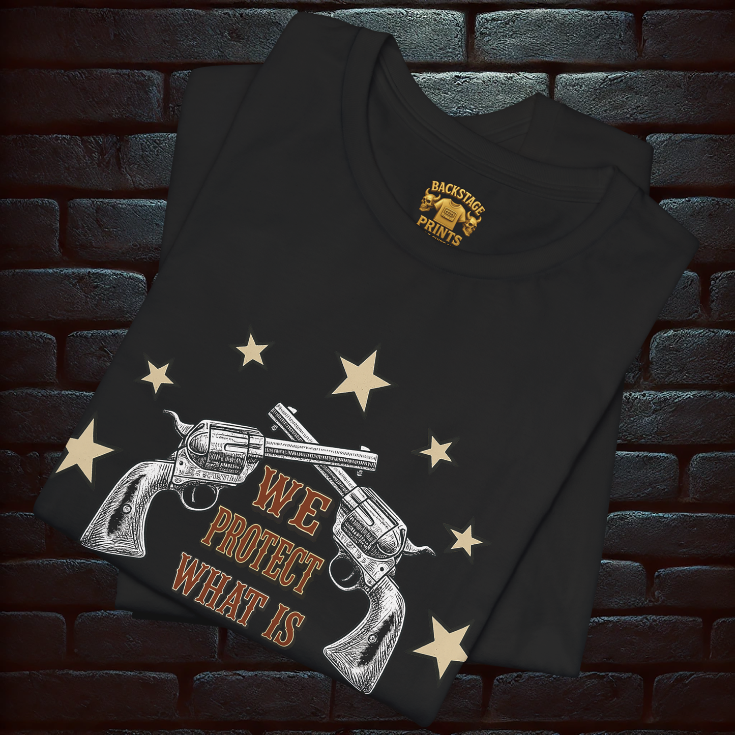 WE PROTECT WHAT IS OURS – Vintage Guns & Stars with BLOOD & HONOR – Confederate Vintage Flag Design on the back, Short Sleeve T- shirt