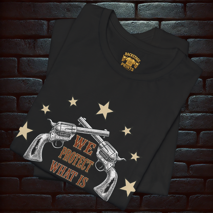 WE PROTECT WHAT IS OURS – Vintage Guns & Stars with BLOOD & HONOR – Confederate Vintage Flag Design on the back, Short Sleeve T- shirt