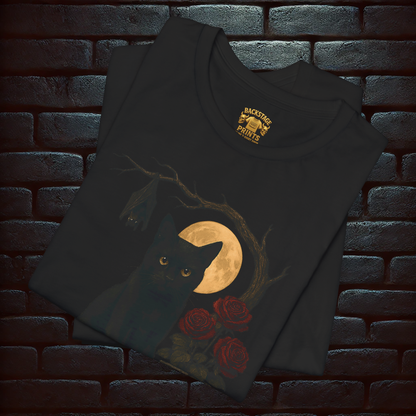 Gothic Halloween Black Cat & Tombstone T-Shirt – Dark Witch Aesthetic Short Sleeve Tee