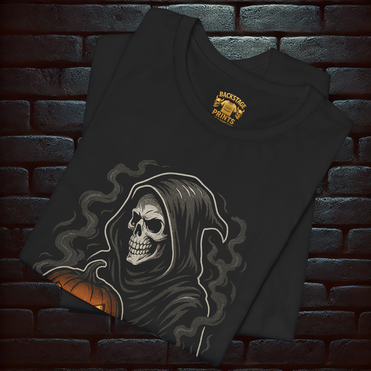 Grim Reaper Pumpkin T-Shirt with Pentagram Back Print – Gothic Halloween Short Sleeve Tee