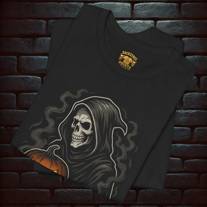 Grim Reaper Pumpkin T-Shirt with Pentagram Back Print – Gothic Halloween Short Sleeve Tee