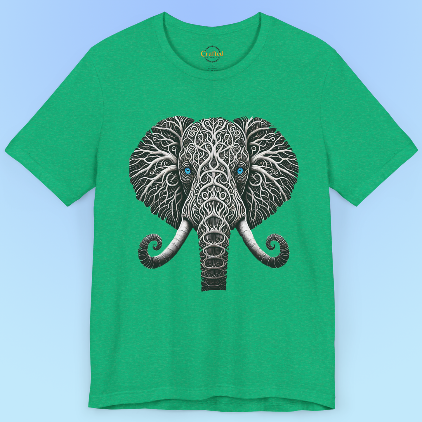 Elephant with Piercing Blue Eyes and Swirling, Tribal-like Patterns Short Sleeve Tee