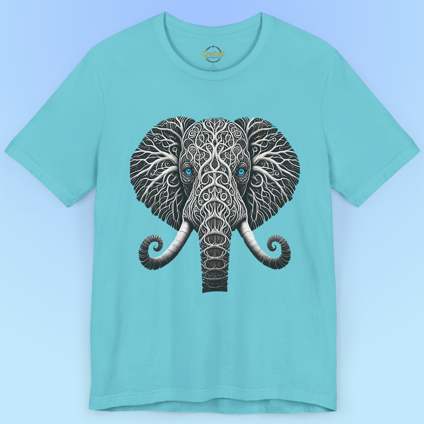 Elephant with Piercing Blue Eyes and Swirling, Tribal-like Patterns Short Sleeve Tee