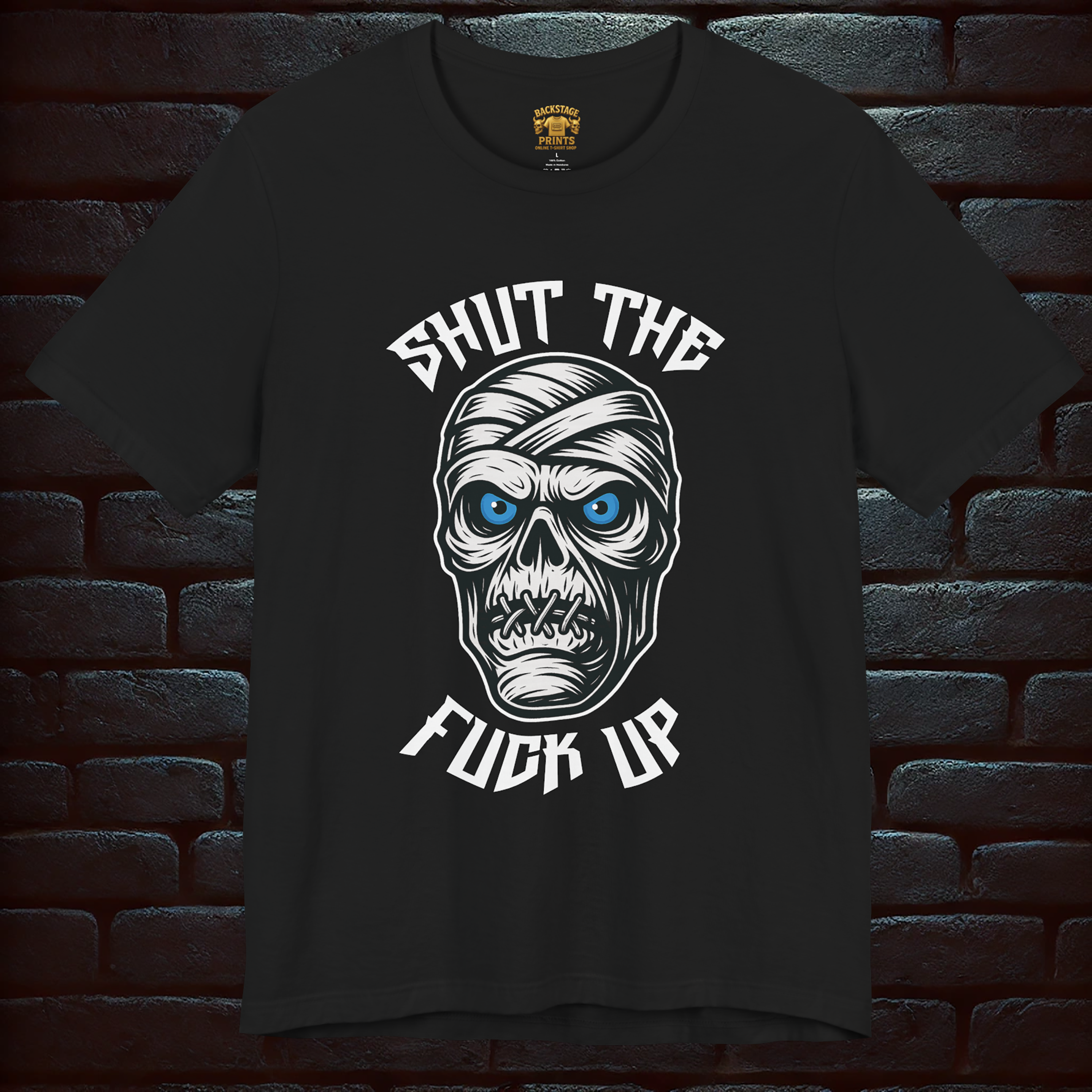 HALLOWEEN Black Unisex Black T-Shirt – Gothic Haunted Castle & Mummy  Design  –Short Sleeve Tee
