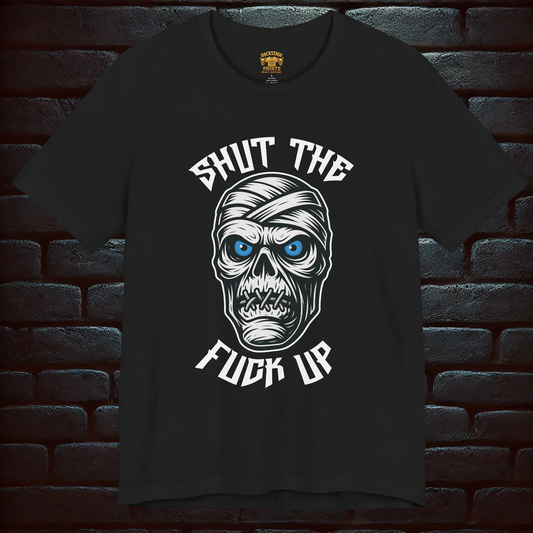 HALLOWEEN Black Unisex Black T-Shirt – Gothic Haunted Castle & Mummy  Design  –Short Sleeve Tee