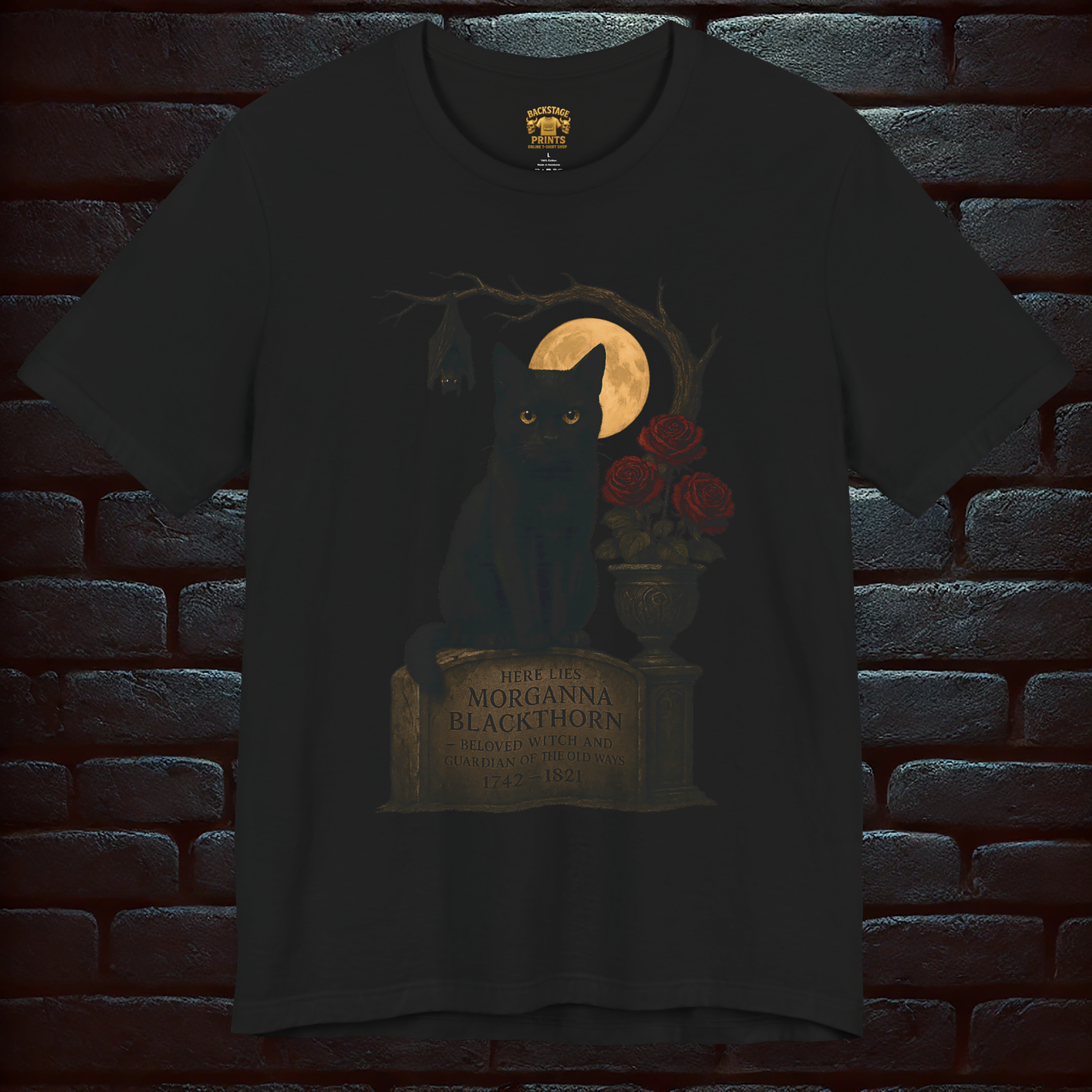 Gothic Halloween Black Cat & Tombstone T-Shirt – Dark Witch Aesthetic Short Sleeve Tee