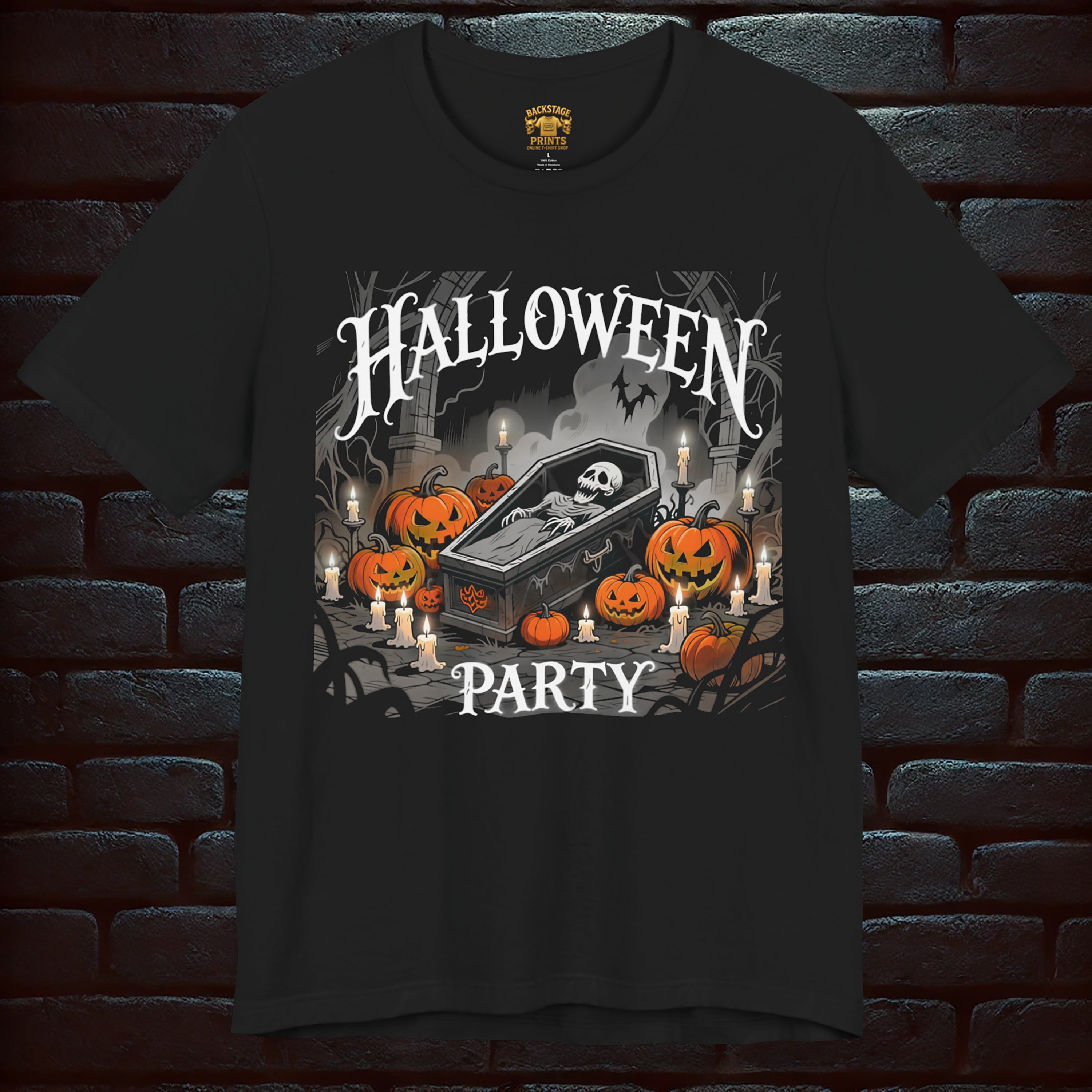 Black Halloween T-shirt Unisex– Halloween Raven & Skeleton Party Design (Front & Back Print) Dark&Fun –Short Sleeve Tee