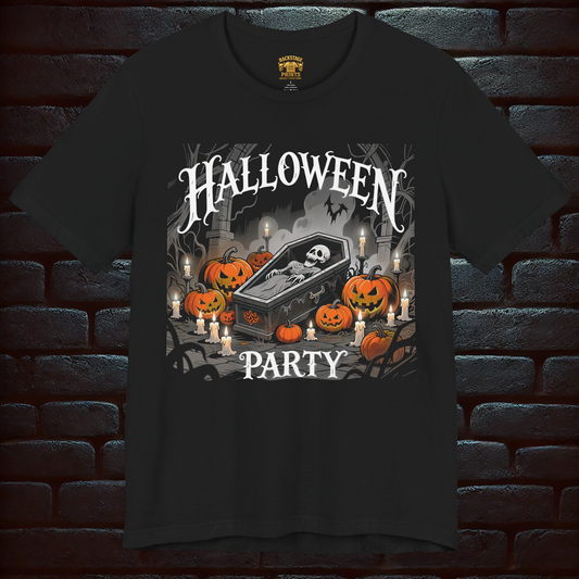 Black Halloween T-shirt Unisex– Halloween Raven & Skeleton Party Design (Front & Back Print) Dark&Fun –Short Sleeve Tee