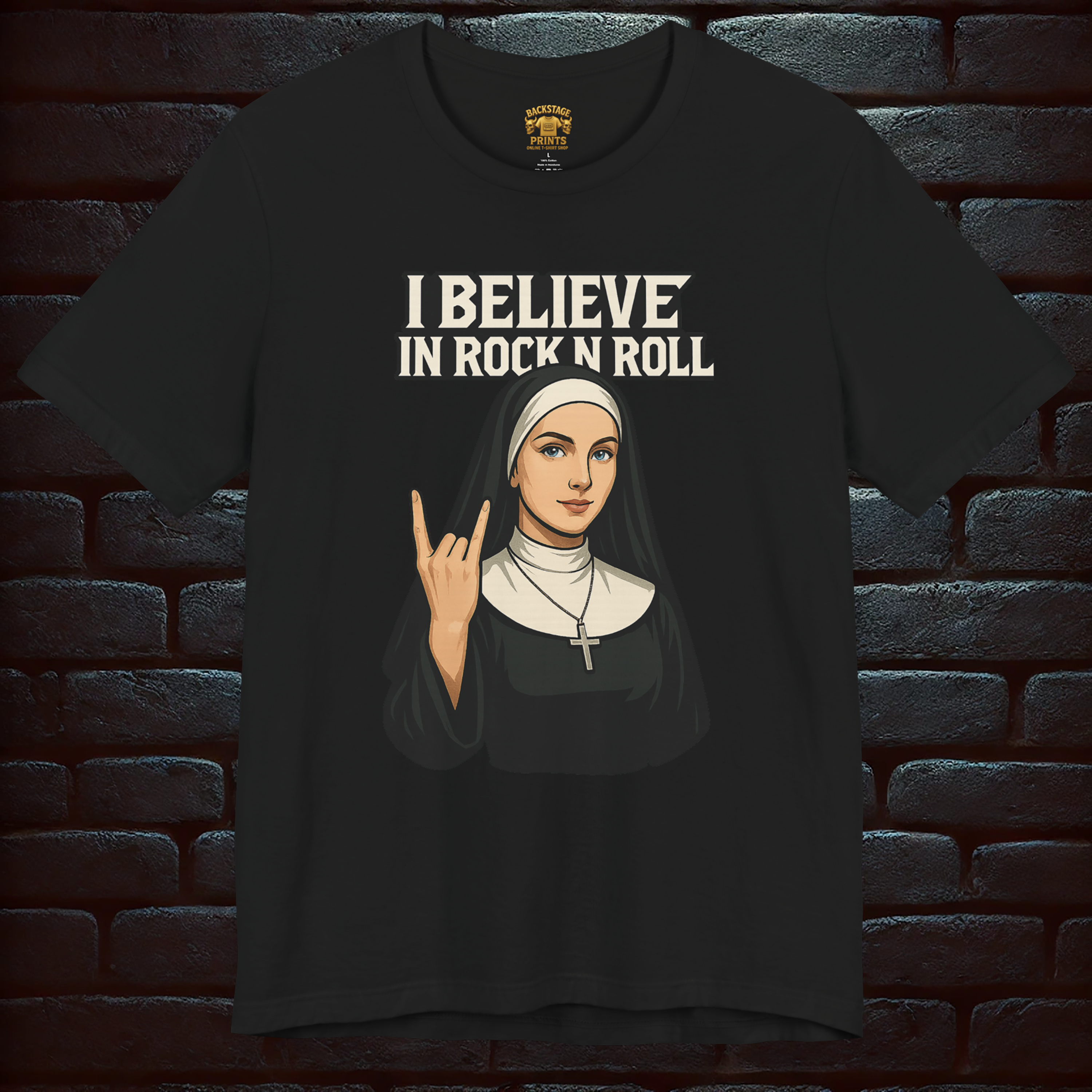 Nun Rock N Roll T-Shirt – Gothic Horror Concert Tee with Back Print  –Short Sleeve Tee