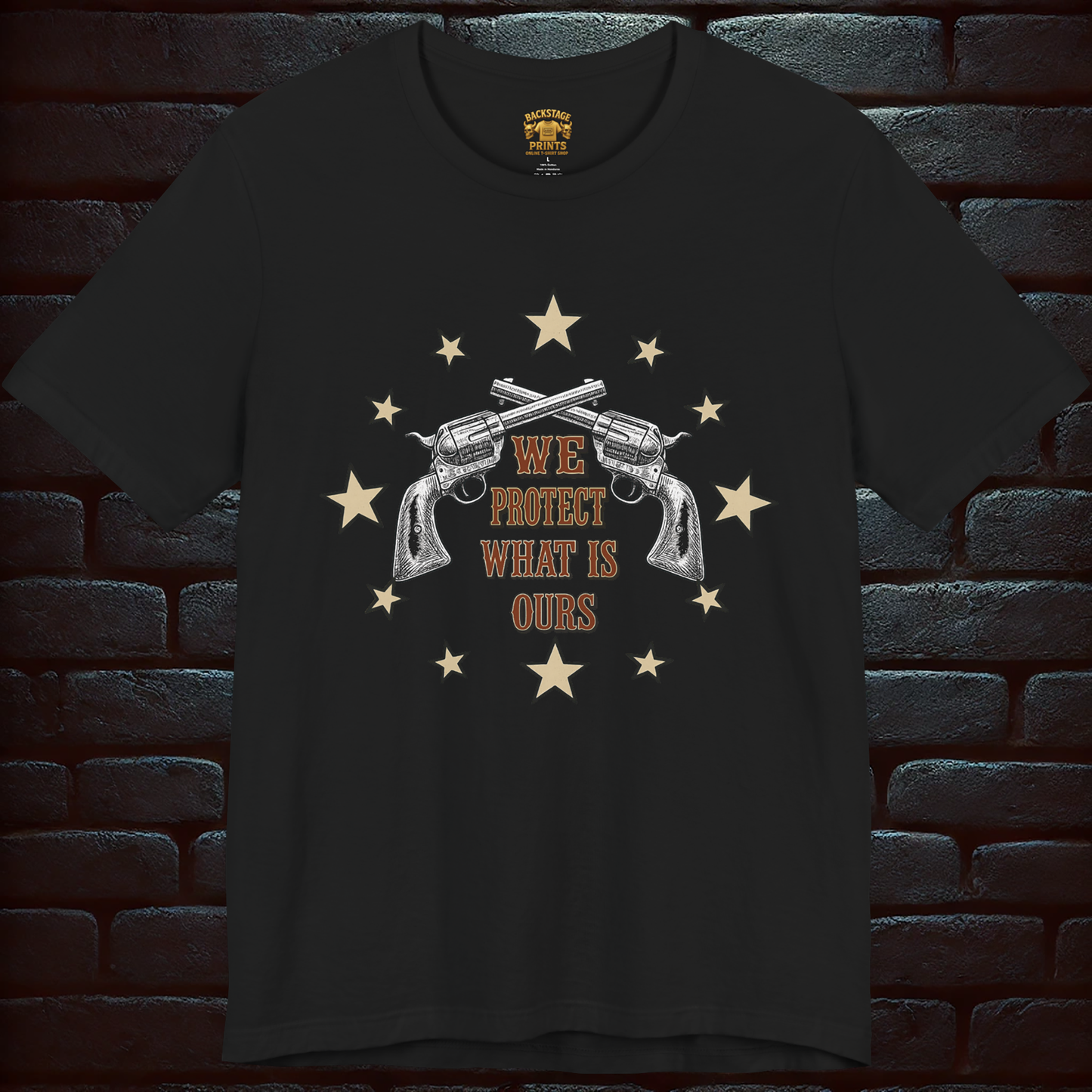 WE PROTECT WHAT IS OURS – Vintage Guns & Stars with BLOOD & HONOR – Confederate Vintage Flag Design on the back, Short Sleeve T- shirt