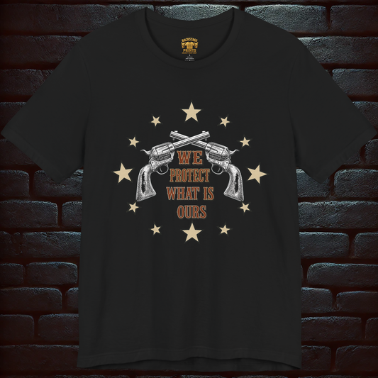 WE PROTECT WHAT IS OURS – Vintage Guns & Stars with BLOOD & HONOR – Confederate Vintage Flag Design on the back, Short Sleeve T- shirt