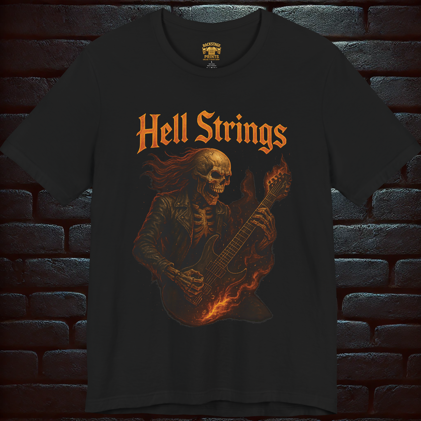 Hell Strings – Flaming Skeleton Guitarist Tee, Short Sleeve T- shirt