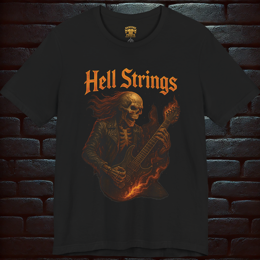 Hell Strings – Flaming Skeleton Guitarist Tee, Short Sleeve T- shirt