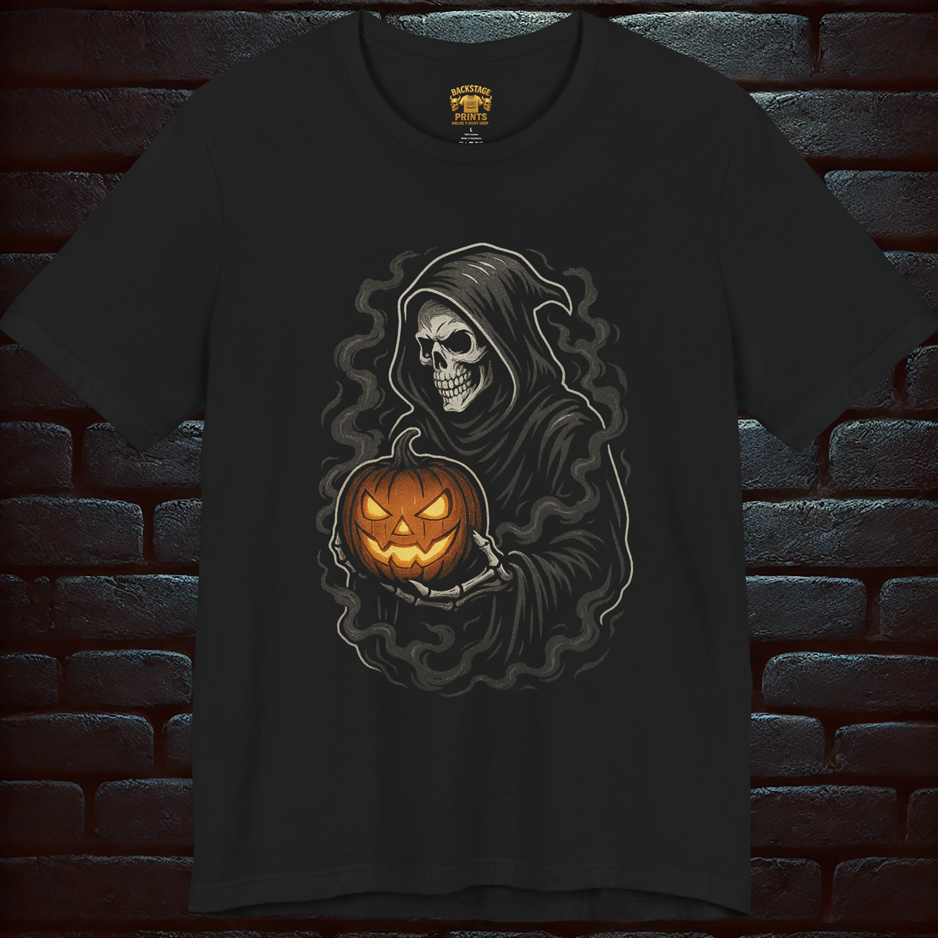 Grim Reaper Pumpkin T-Shirt with Pentagram Back Print – Gothic Halloween Short Sleeve Tee
