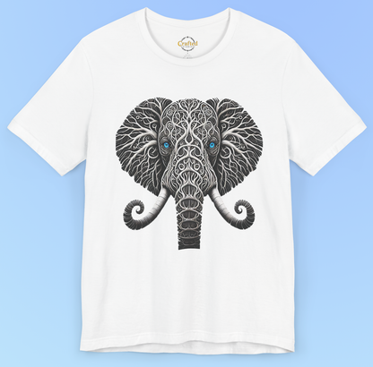 Elephant with Piercing Blue Eyes and Swirling, Tribal-like Patterns Short Sleeve Tee