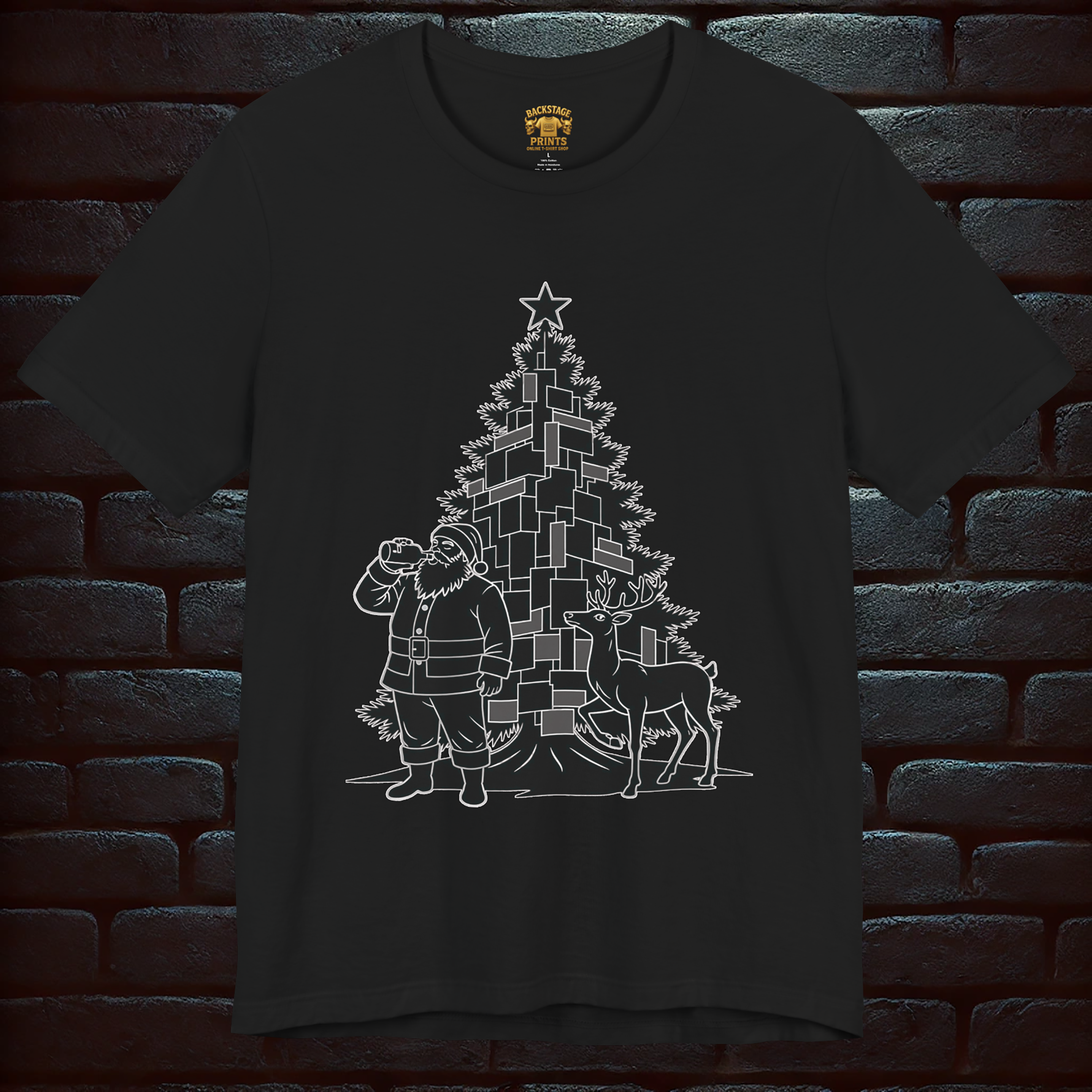 Whiskey-Drinking Santa & Rudolf – “MARRY CHRISTMAS” Back Print T shirt –Short Sleeve Tee