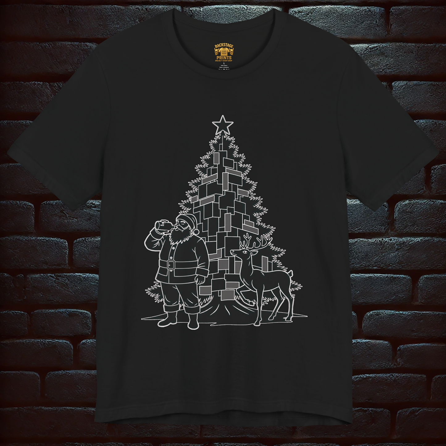 Whiskey-Drinking Santa & Rudolf – “MARRY CHRISTMAS” Back Print T shirt –Short Sleeve Tee