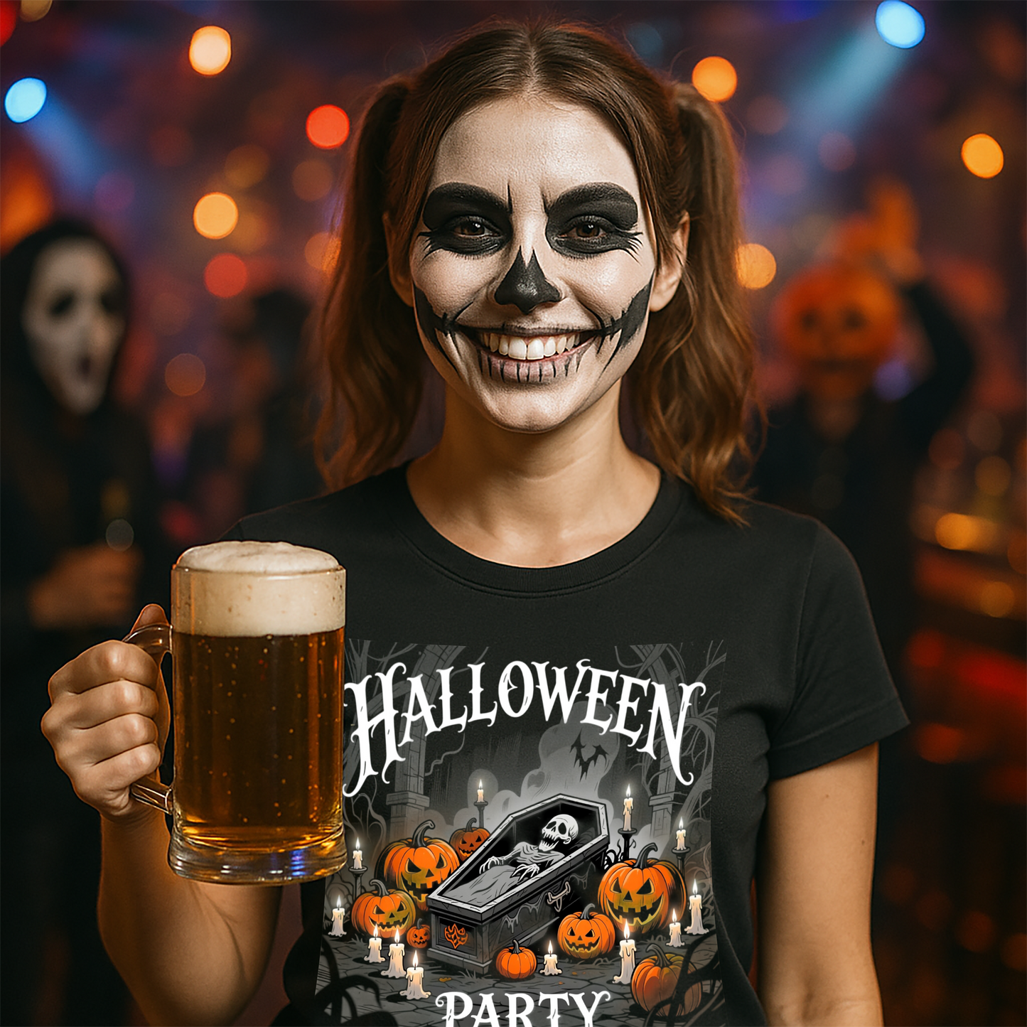 Black Halloween T-shirt Unisex– Halloween Raven & Skeleton Party Design (Front & Back Print) Dark&Fun –Short Sleeve Tee