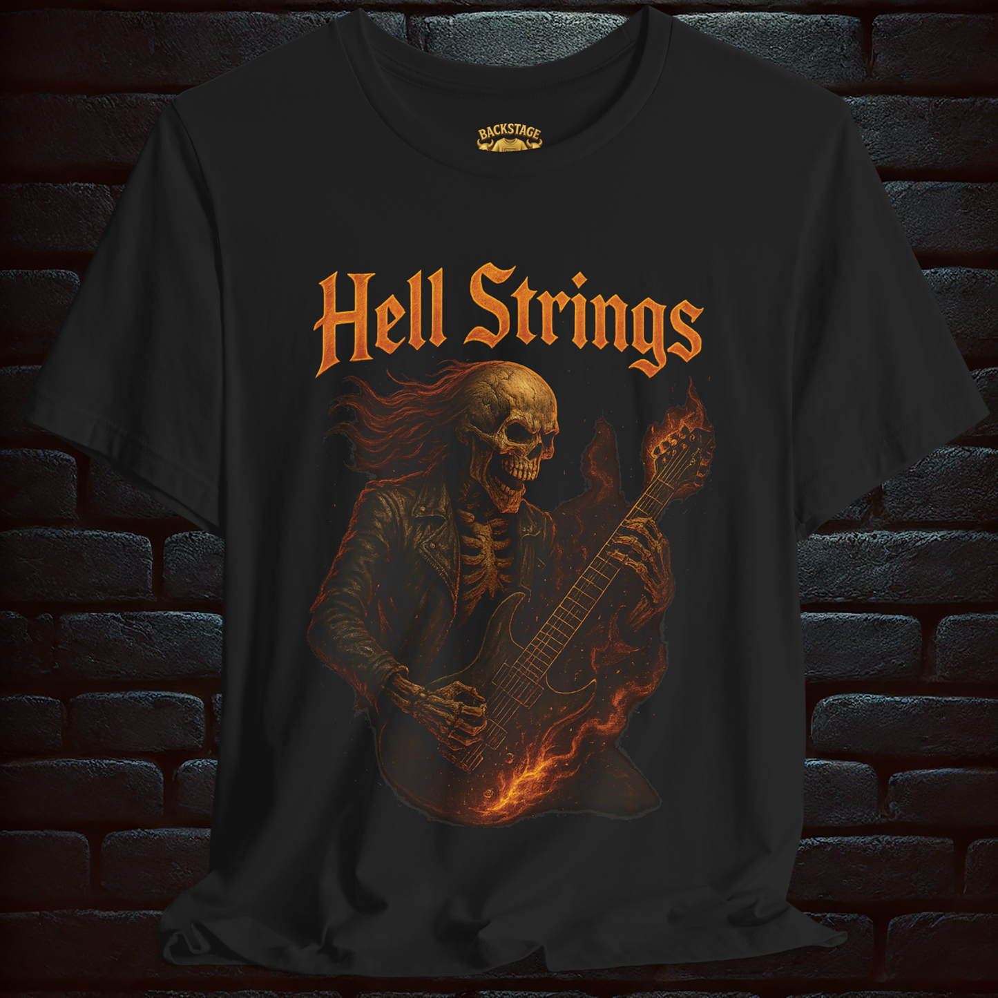 Hell Strings – Flaming Skeleton Guitarist Tee, Short Sleeve T- shirt