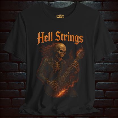 Hell Strings – Flaming Skeleton Guitarist Tee, Short Sleeve T- shirt
