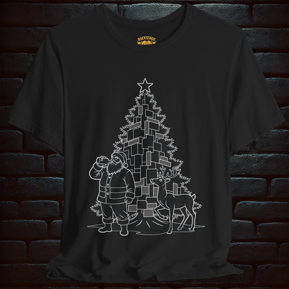 Whiskey-Drinking Santa & Rudolf – “MARRY CHRISTMAS” Back Print T shirt –Short Sleeve Tee