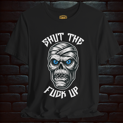 HALLOWEEN Black Unisex Black T-Shirt – Gothic Haunted Castle & Mummy  Design  –Short Sleeve Tee