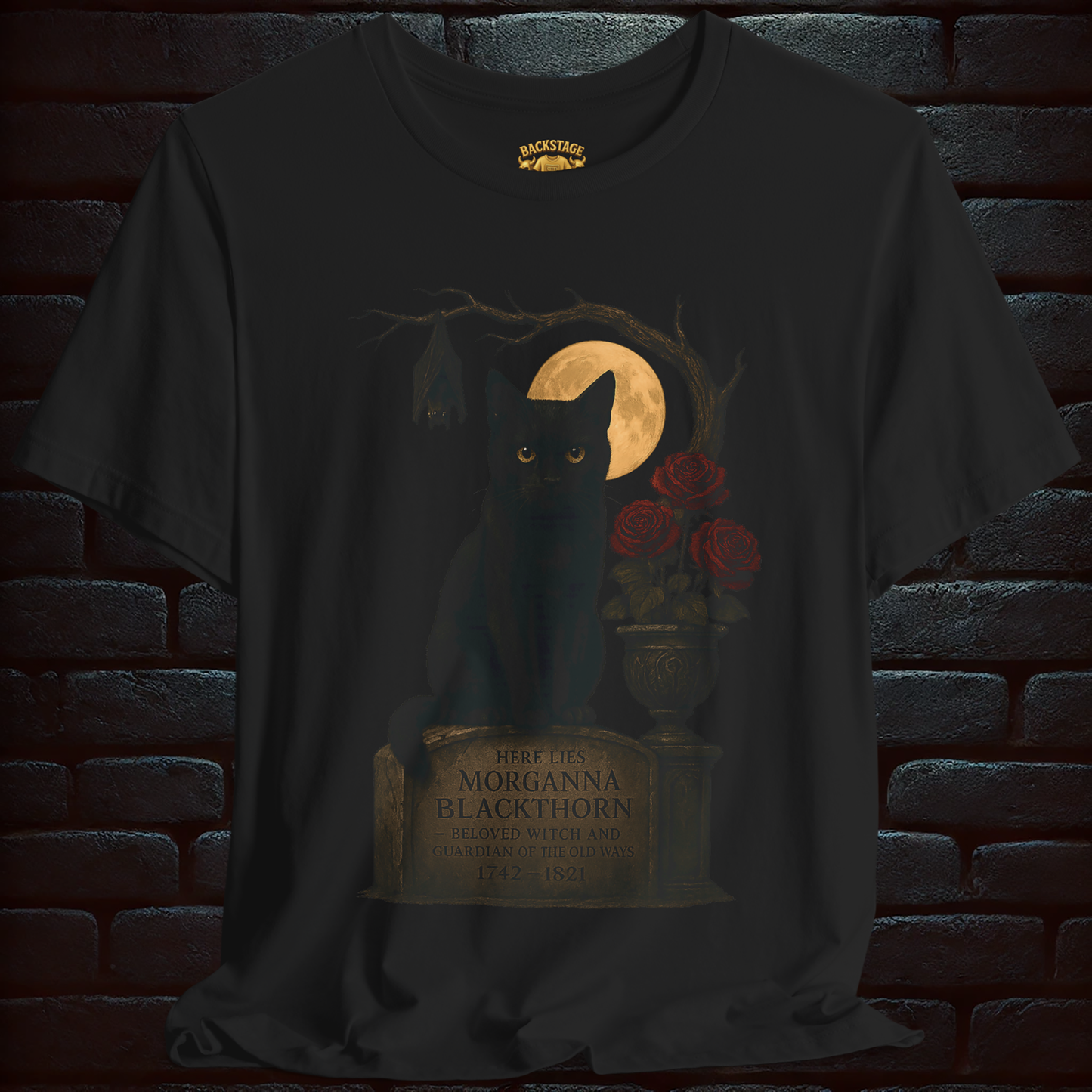 Gothic Halloween Black Cat & Tombstone T-Shirt – Dark Witch Aesthetic Short Sleeve Tee