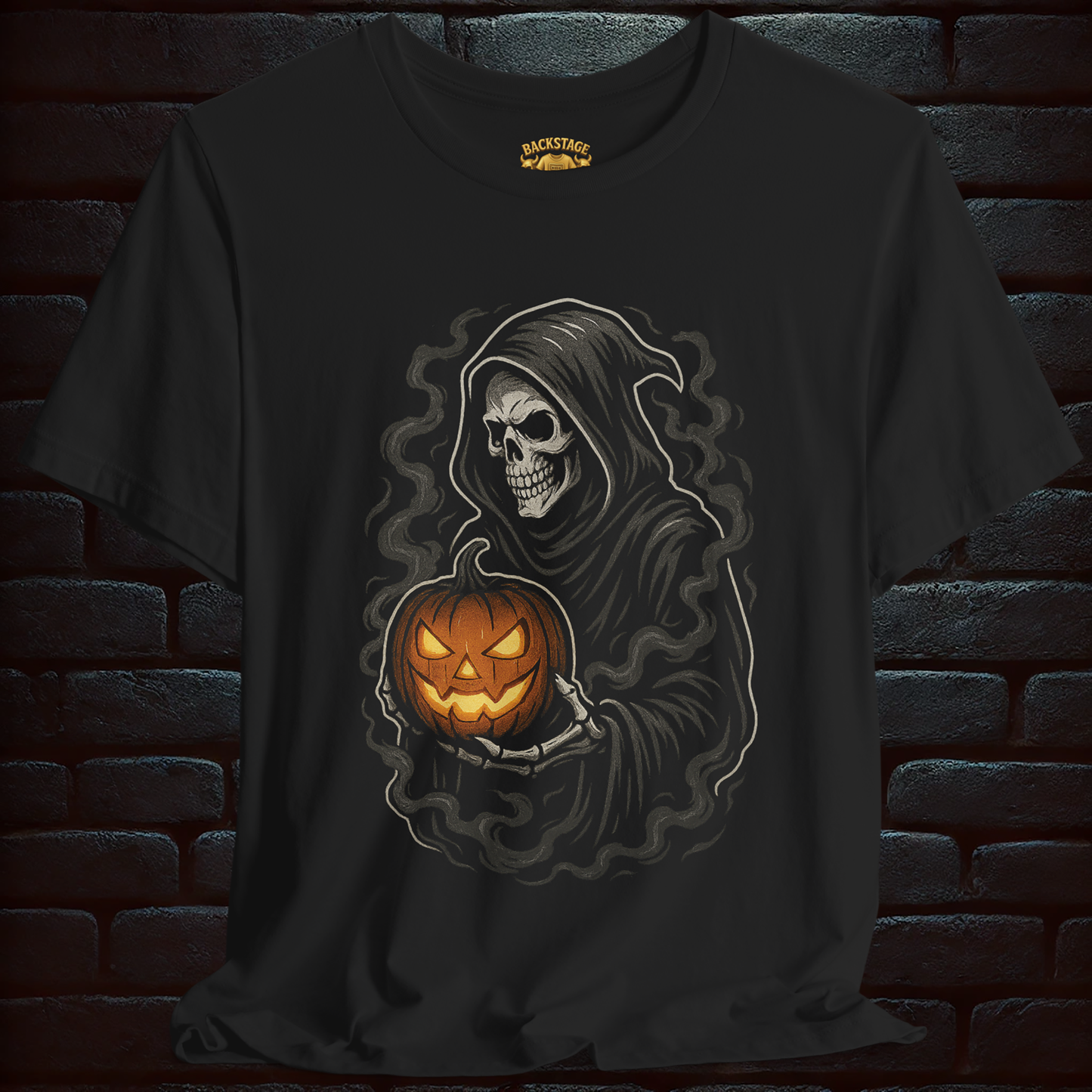 Grim Reaper Pumpkin T-Shirt with Pentagram Back Print – Gothic Halloween Short Sleeve Tee