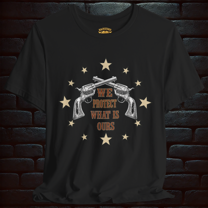 WE PROTECT WHAT IS OURS – Vintage Guns & Stars with BLOOD & HONOR – Confederate Vintage Flag Design on the back, Short Sleeve T- shirt