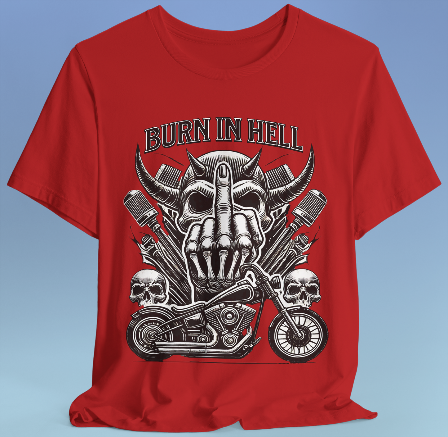 "Burn in Hell" Rock 'n' Roll Biker T shirt, Heavy Metal,  Brutal Unisex Jersey Short Sleeve Tee