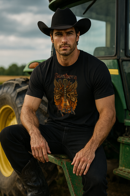 Southern Rock T-Shirt – Guitar & Rebel Flag | Biker Style T-Shirt – Exclusive Edition, Short Sleeve Tee