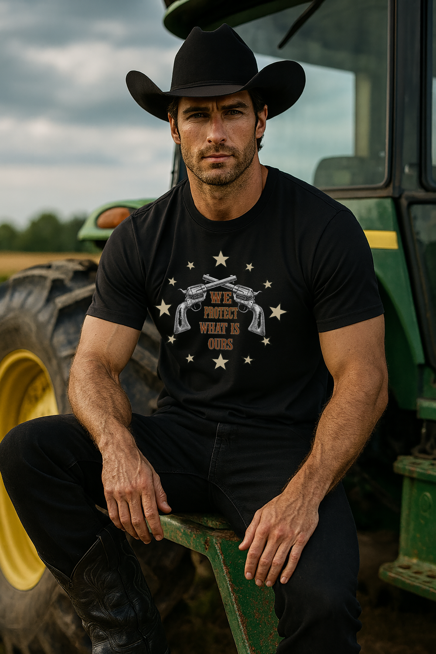 WE PROTECT WHAT IS OURS – Vintage Guns & Stars with BLOOD & HONOR – Confederate Vintage Flag Design on the back, Short Sleeve T- shirt