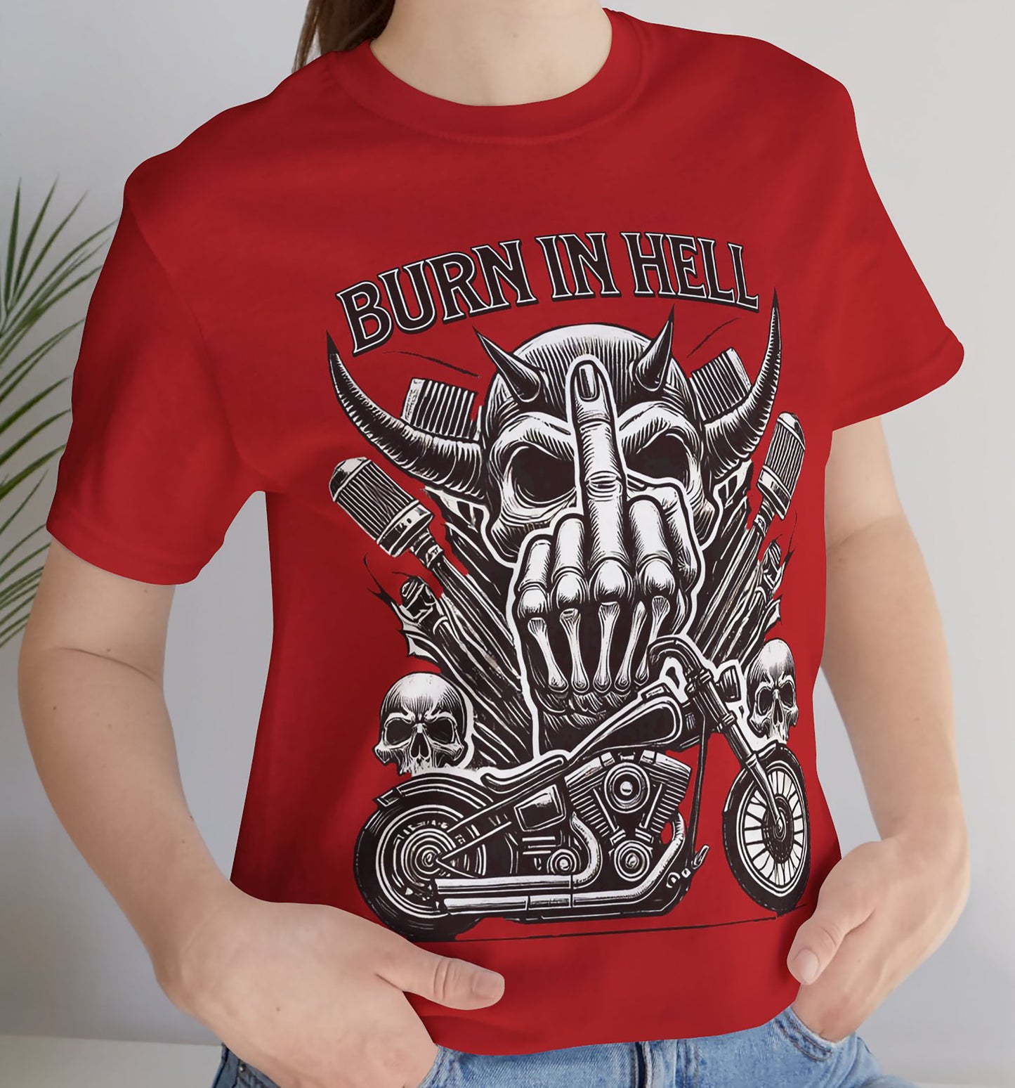 "Burn in Hell" Rock 'n' Roll Biker T shirt, Heavy Metal,  Brutal Unisex Jersey Short Sleeve Tee