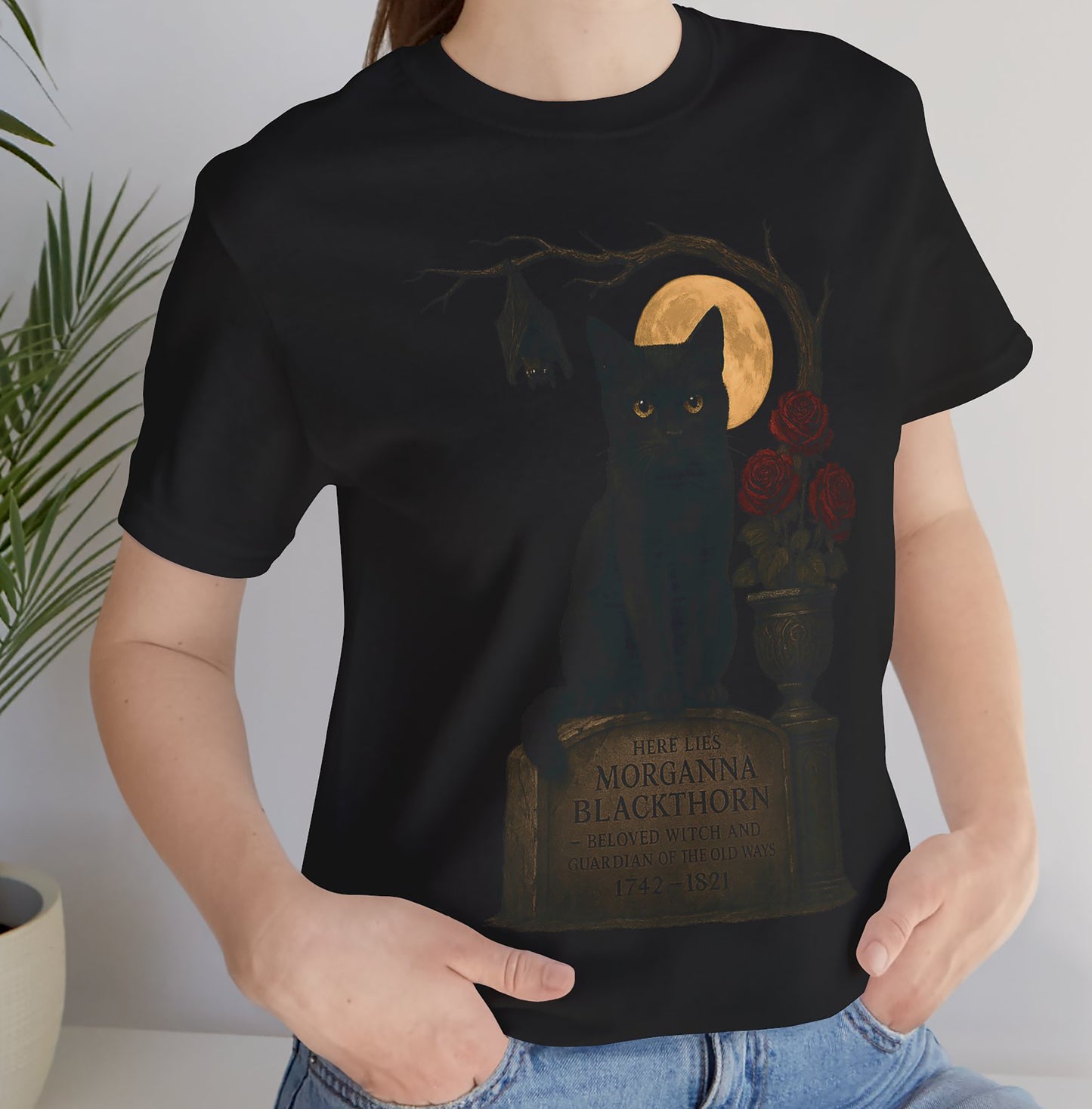 Gothic Halloween Black Cat & Tombstone T-Shirt – Dark Witch Aesthetic Short Sleeve Tee