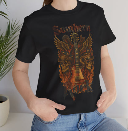 Southern Rock T-Shirt – Guitar & Rebel Flag | Biker Style T-Shirt – Exclusive Edition, Short Sleeve Tee