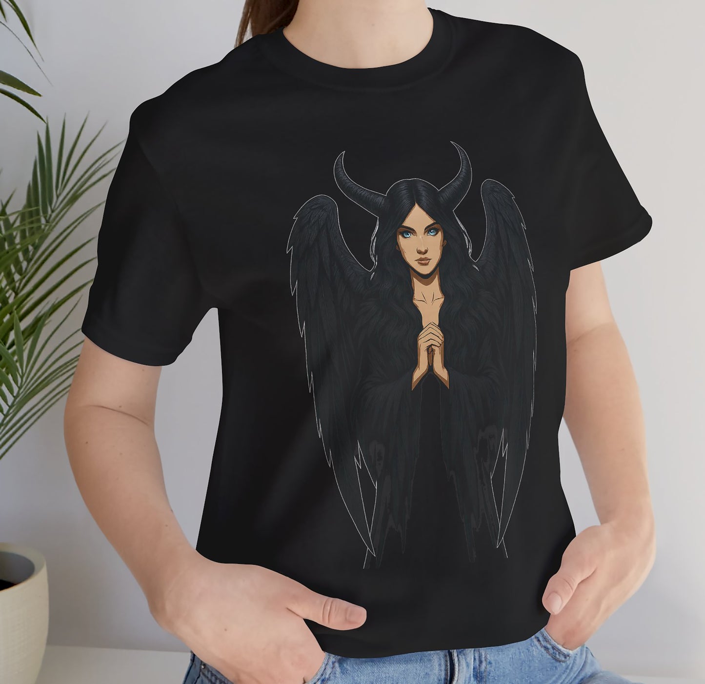 Black Angel Gothic T-Shirt – Heaven Is Where Sinners Stay Back Print  –Short Sleeve Tee