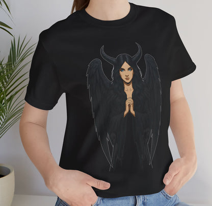 Black Angel Gothic T-Shirt – Heaven Is Where Sinners Stay Back Print  –Short Sleeve Tee