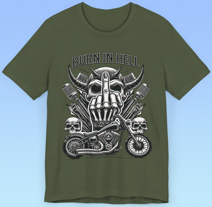 "Burn in Hell" Rock 'n' Roll Biker T shirt, Heavy Metal,  Brutal Unisex Jersey Short Sleeve Tee