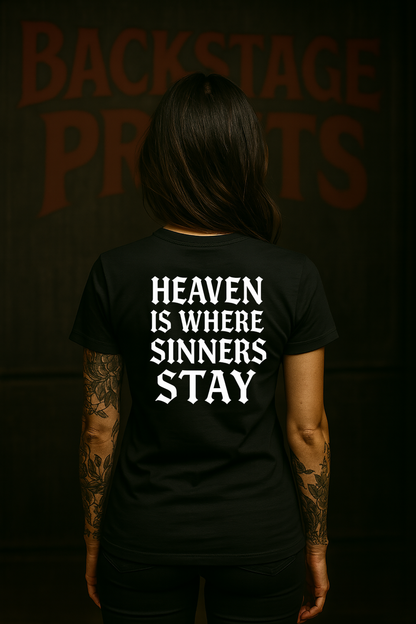 Black Angel Gothic T-Shirt – Heaven Is Where Sinners Stay Back Print  –Short Sleeve Tee